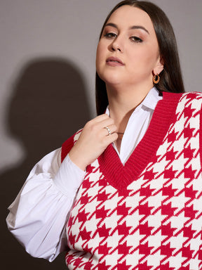 Red Houndstooth V-Neck Sweater Vest-SASSAFRAS Curve