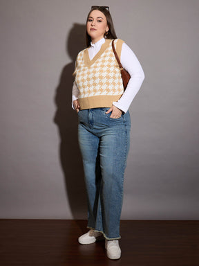 Brown Houndstooth V-Neck Sweater Vest-SASSAFRAS Curve