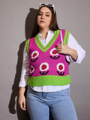 Pink Floral V-Neck Sweater Vest-SASSAFRAS Curve