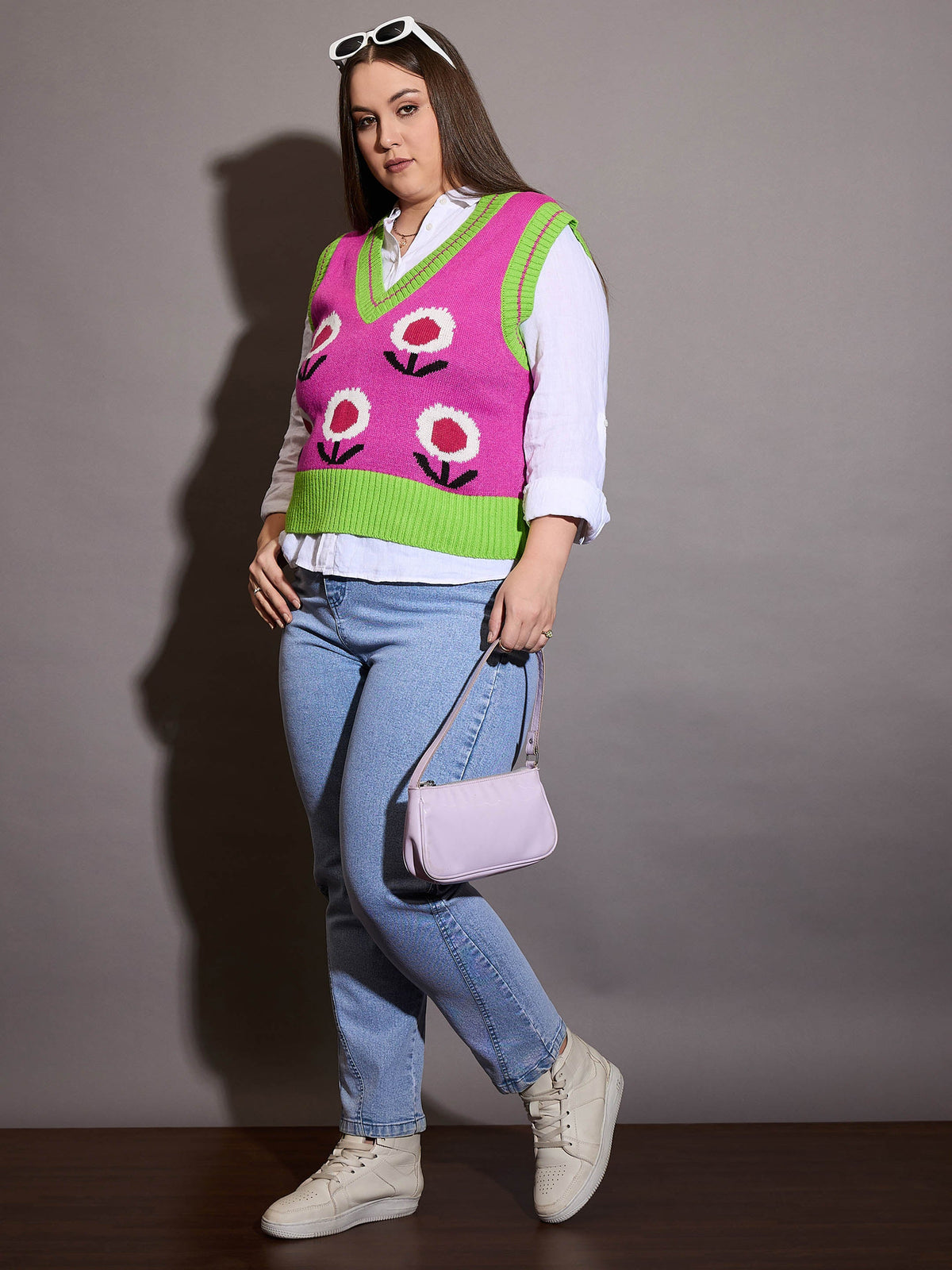 Pink Floral V-Neck Sweater Vest-SASSAFRAS Curve