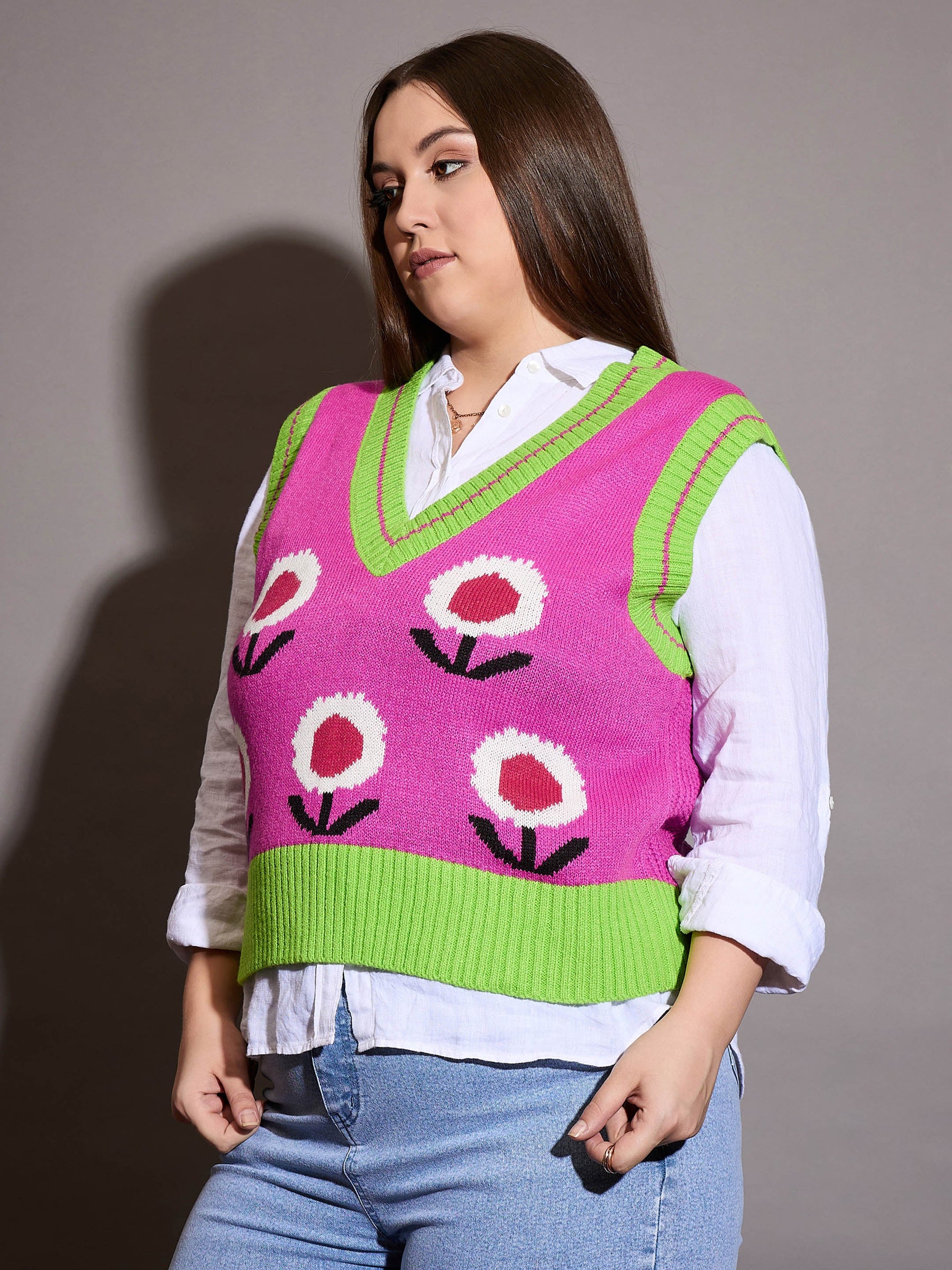 Pink Floral V-Neck Sweater Vest-SASSAFRAS Curve