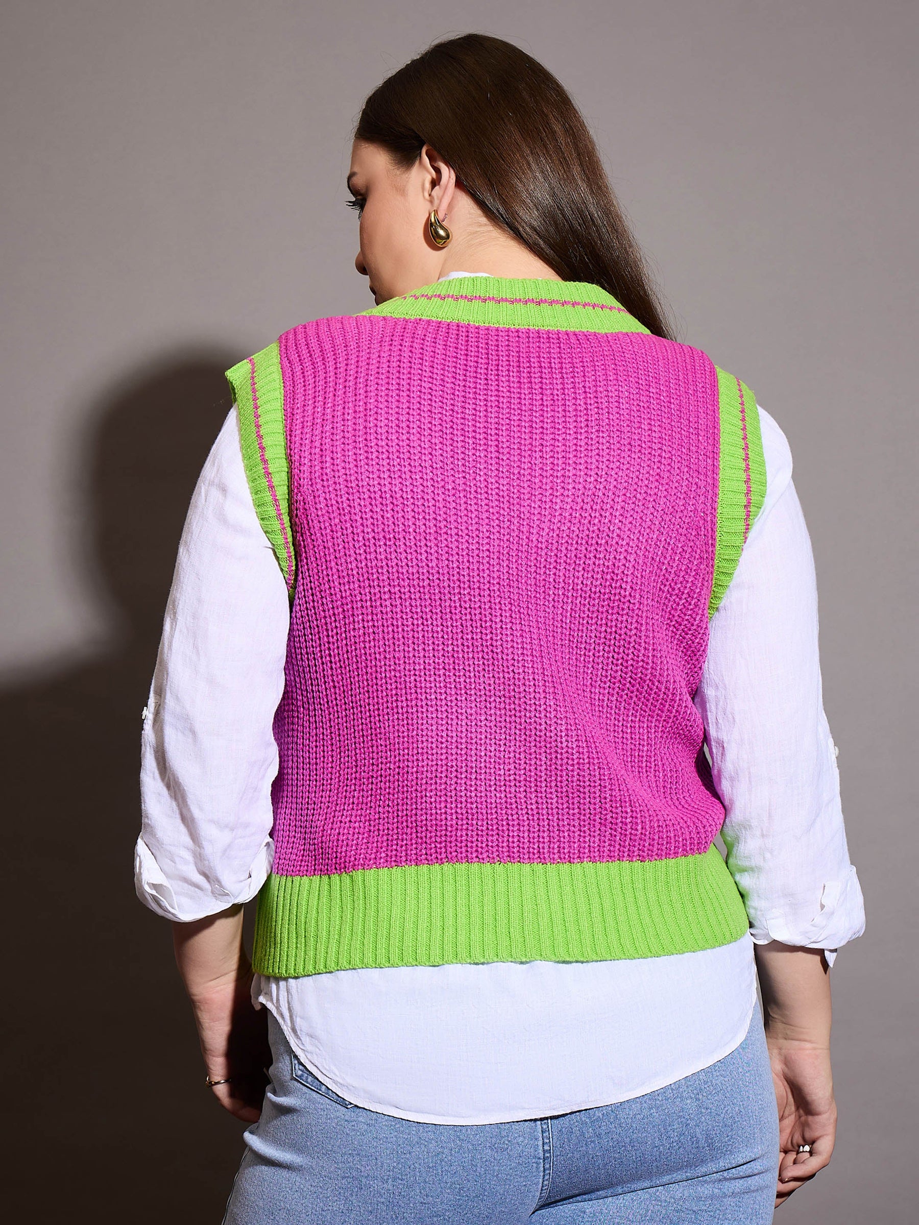 Pink Floral V-Neck Sweater Vest-SASSAFRAS Curve