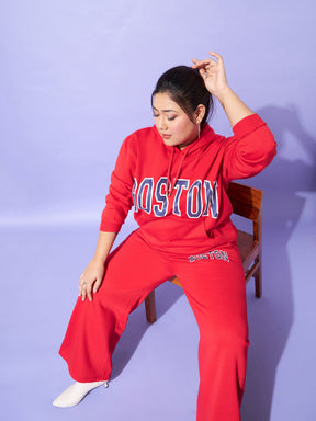 Red Fleece BOSTON Hoodie With Track Pants-SASSAFRAS Curve