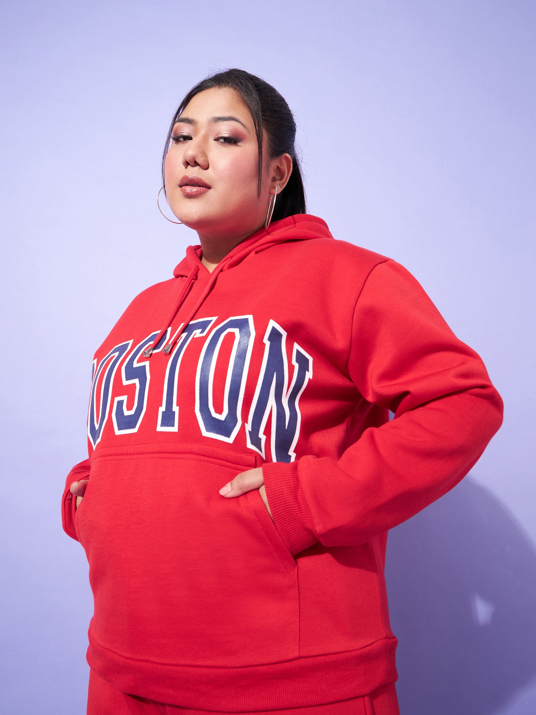 Red Fleece BOSTON Hoodie With Track Pants-SASSAFRAS Curve