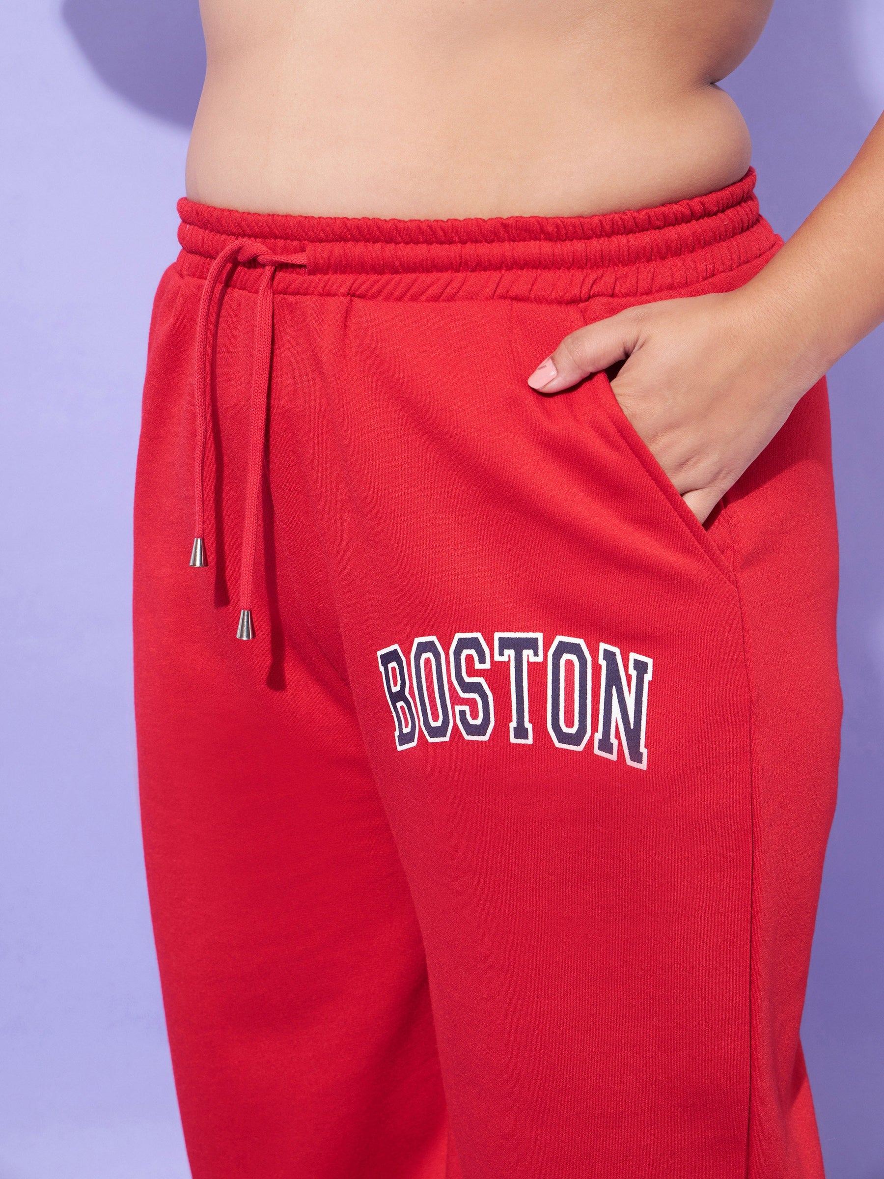 Red Fleece BOSTON Hoodie With Track Pants-SASSAFRAS Curve