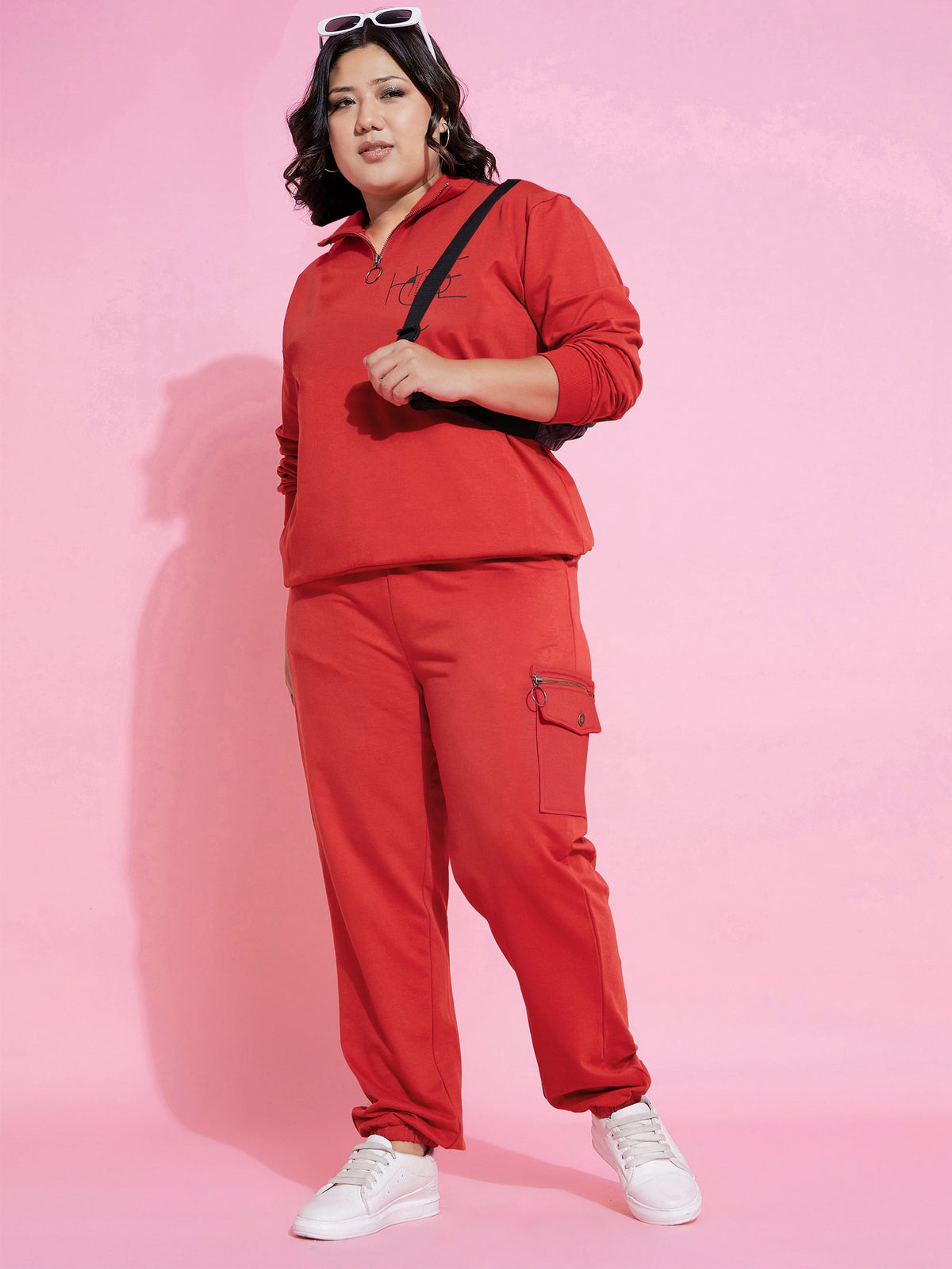 Red Fleece HOPE Zipper Sweatshirt With Joggers-SASSAFRAS Curve