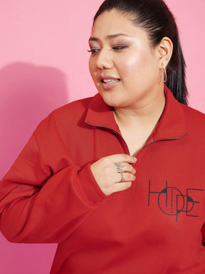 Red Fleece HOPE Zipper Sweatshirt With Joggers-SASSAFRAS Curve
