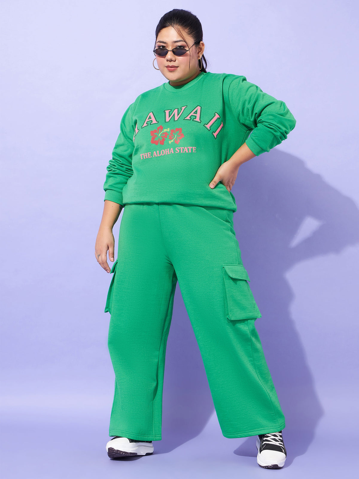 Green Fleece HAWAII Sweatshirt With Track Pants-SASSAFRAS Curve