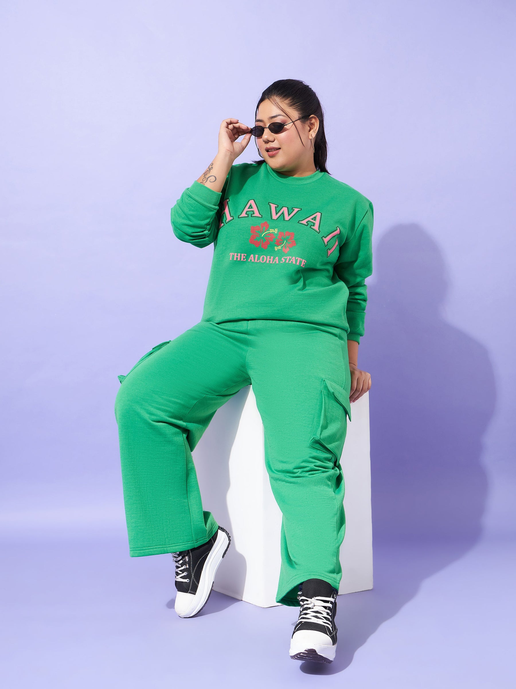 Green Fleece HAWAII Sweatshirt With Track Pants-SASSAFRAS Curve