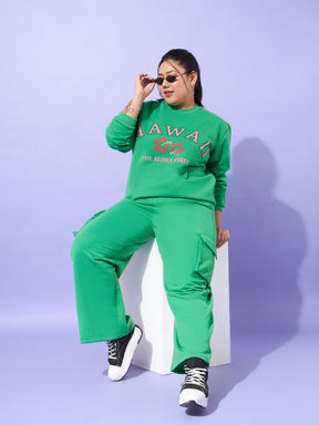 Green Fleece HAWAII Sweatshirt With Track Pants-SASSAFRAS Curve