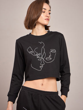 Black Terry Line Art Crop Sweatshirt-SASSAFRAS