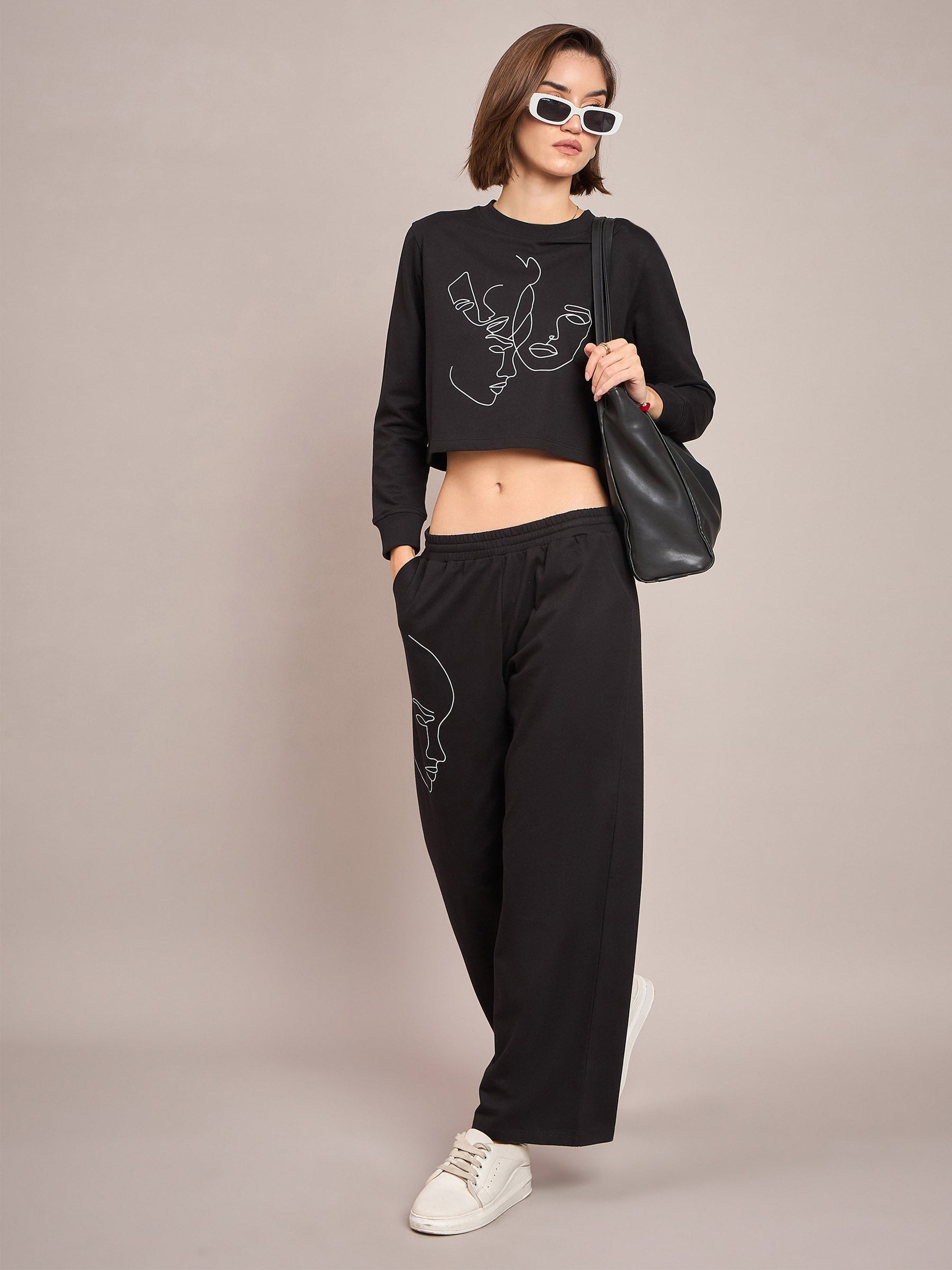 Black Terry Line Art Crop Sweatshirt-SASSAFRAS