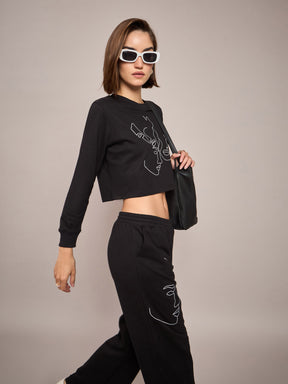 Black Terry Line Art Crop Sweatshirt-SASSAFRAS