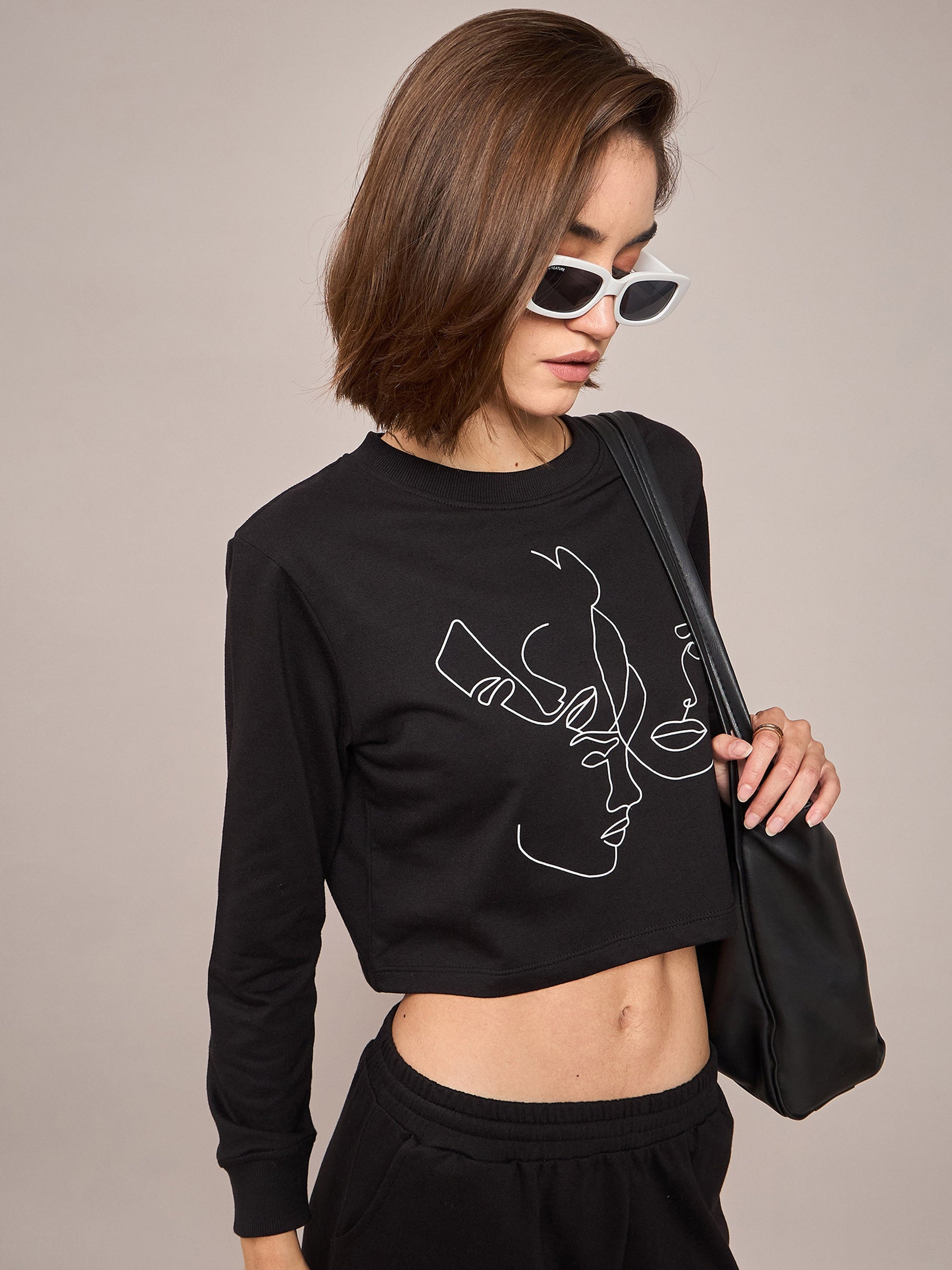 Black Terry Line Art Crop Sweatshirt-SASSAFRAS