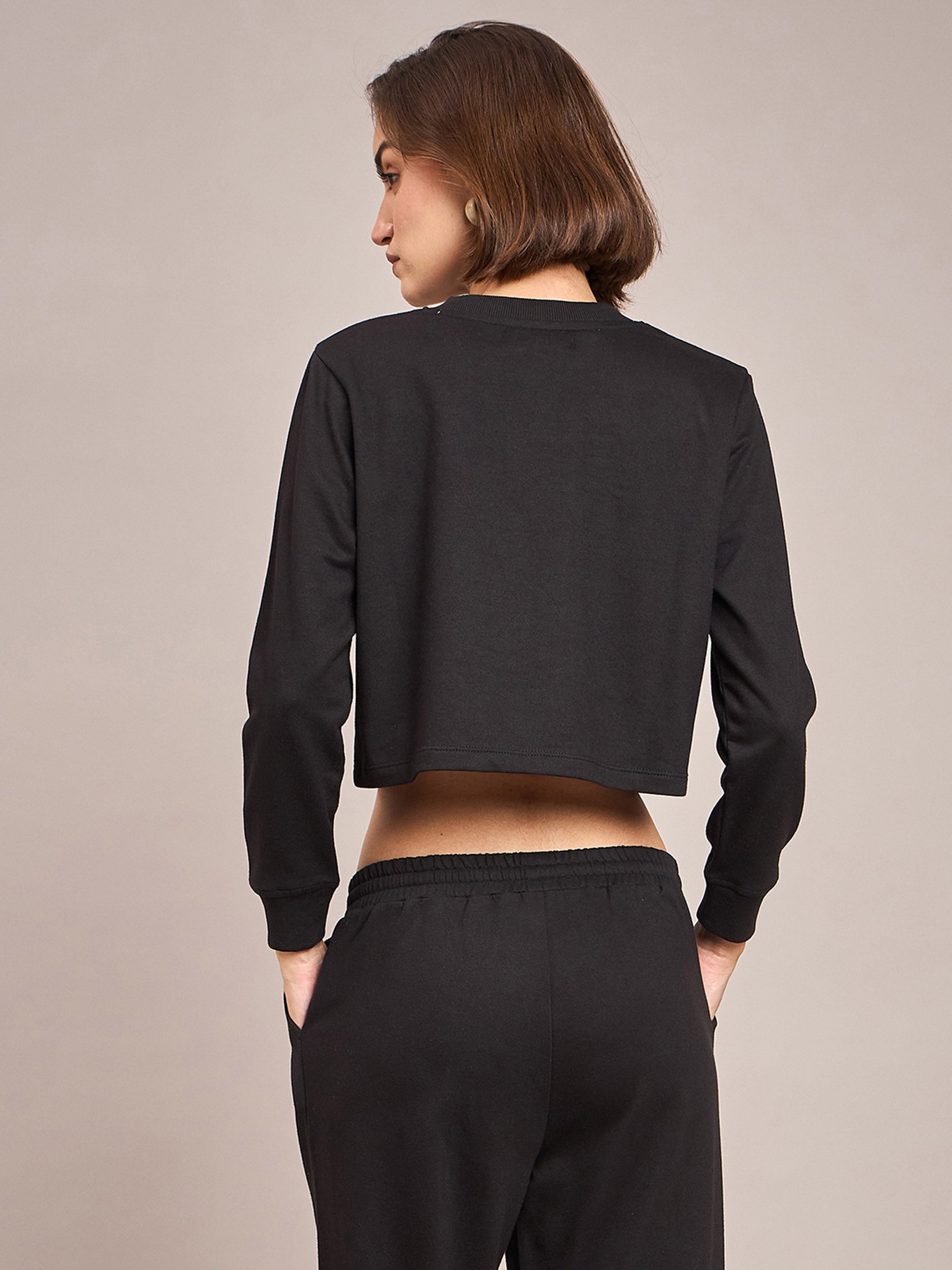 Black Terry Line Art Crop Sweatshirt-SASSAFRAS