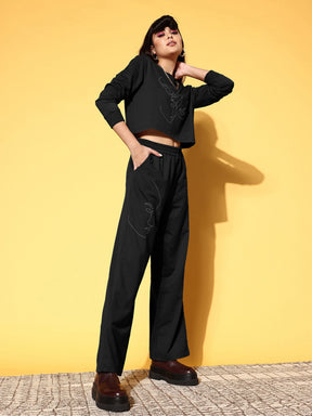 Black Terry Crop Sweatshirt With Track Pant-SASSAFRAS