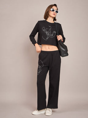 Black Terry Crop Sweatshirt With Track Pant-SASSAFRAS