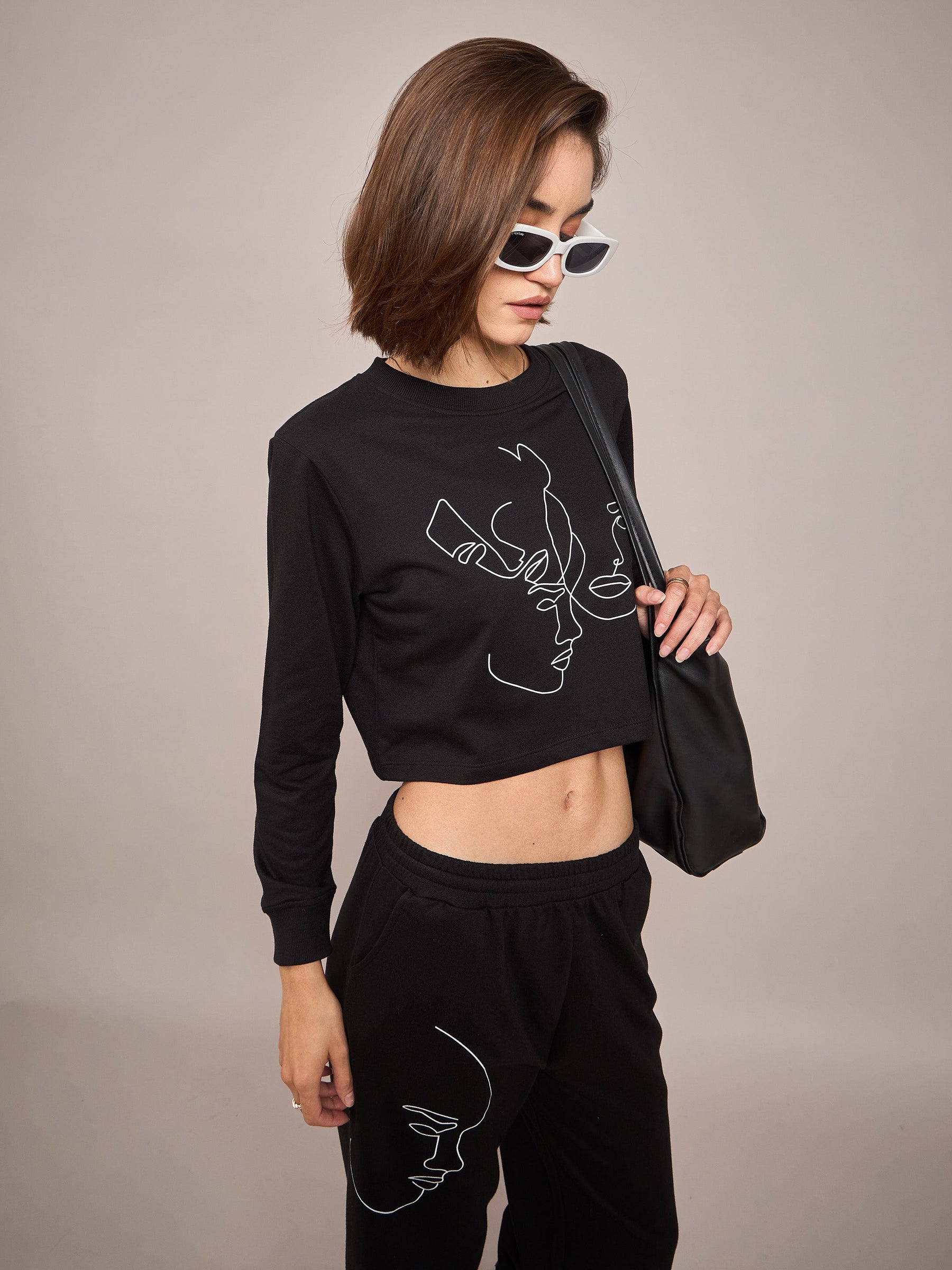 Black Terry Crop Sweatshirt With Track Pant-SASSAFRAS