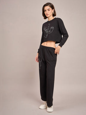 Black Terry Crop Sweatshirt With Track Pant-SASSAFRAS