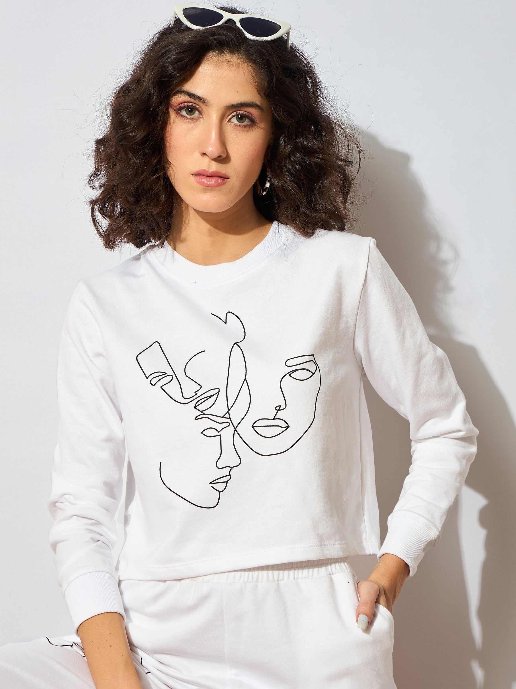 White Terry Line Art Crop Sweatshirt-SASSAFRAS