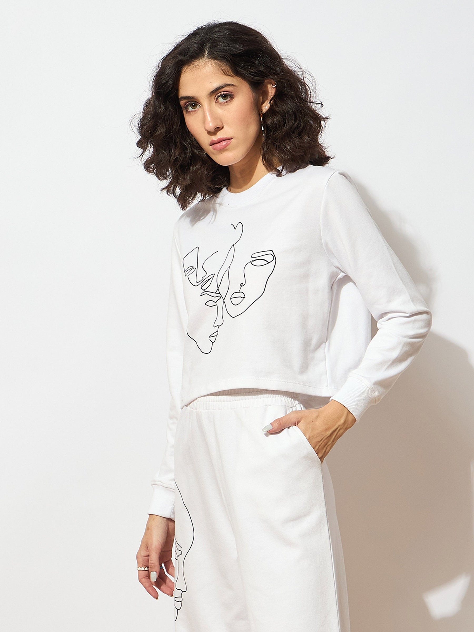 White Terry Line Art Crop Sweatshirt-SASSAFRAS