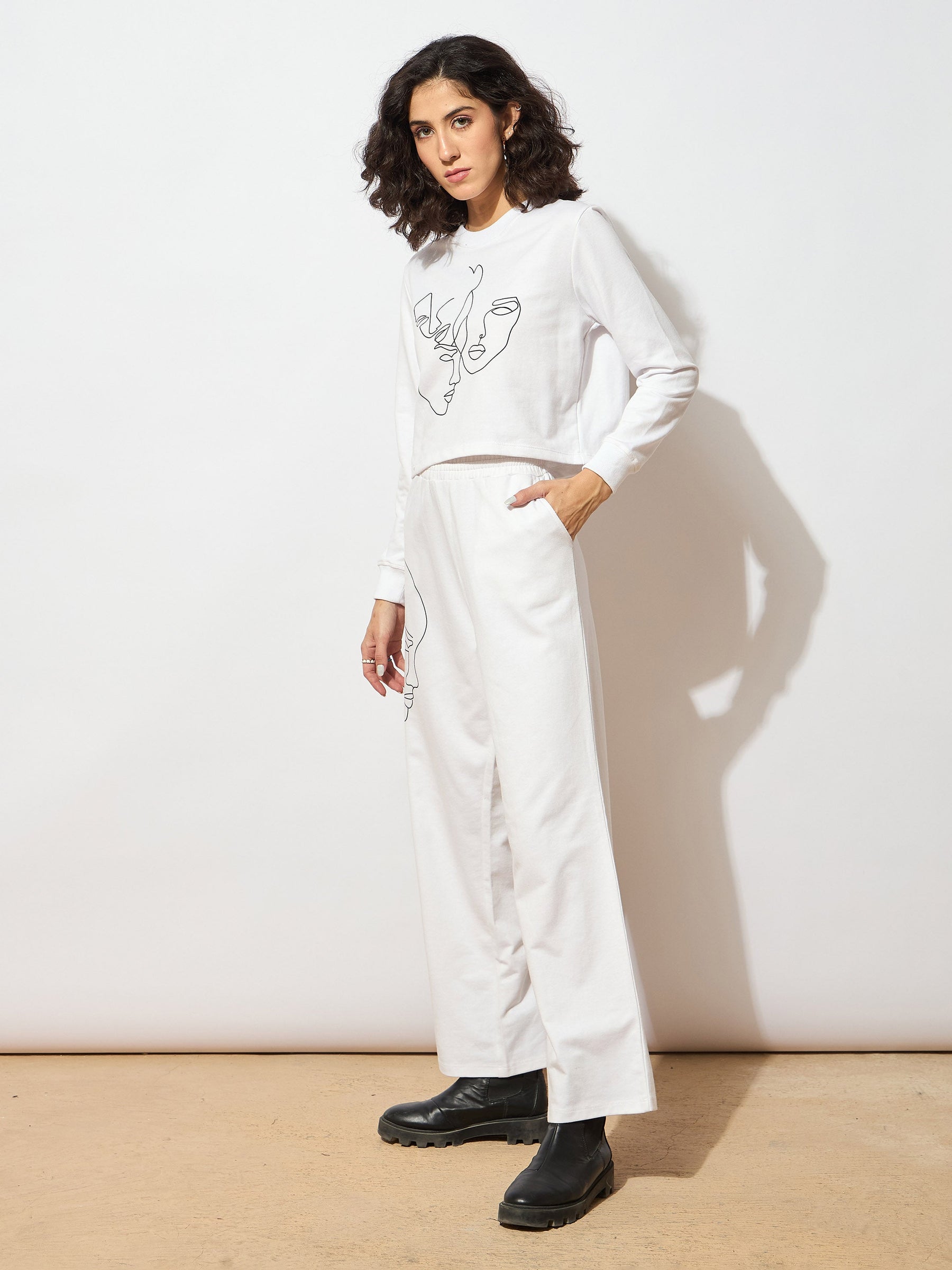 White Terry Crop Sweatshirt With Track Pants-SASSAFRAS