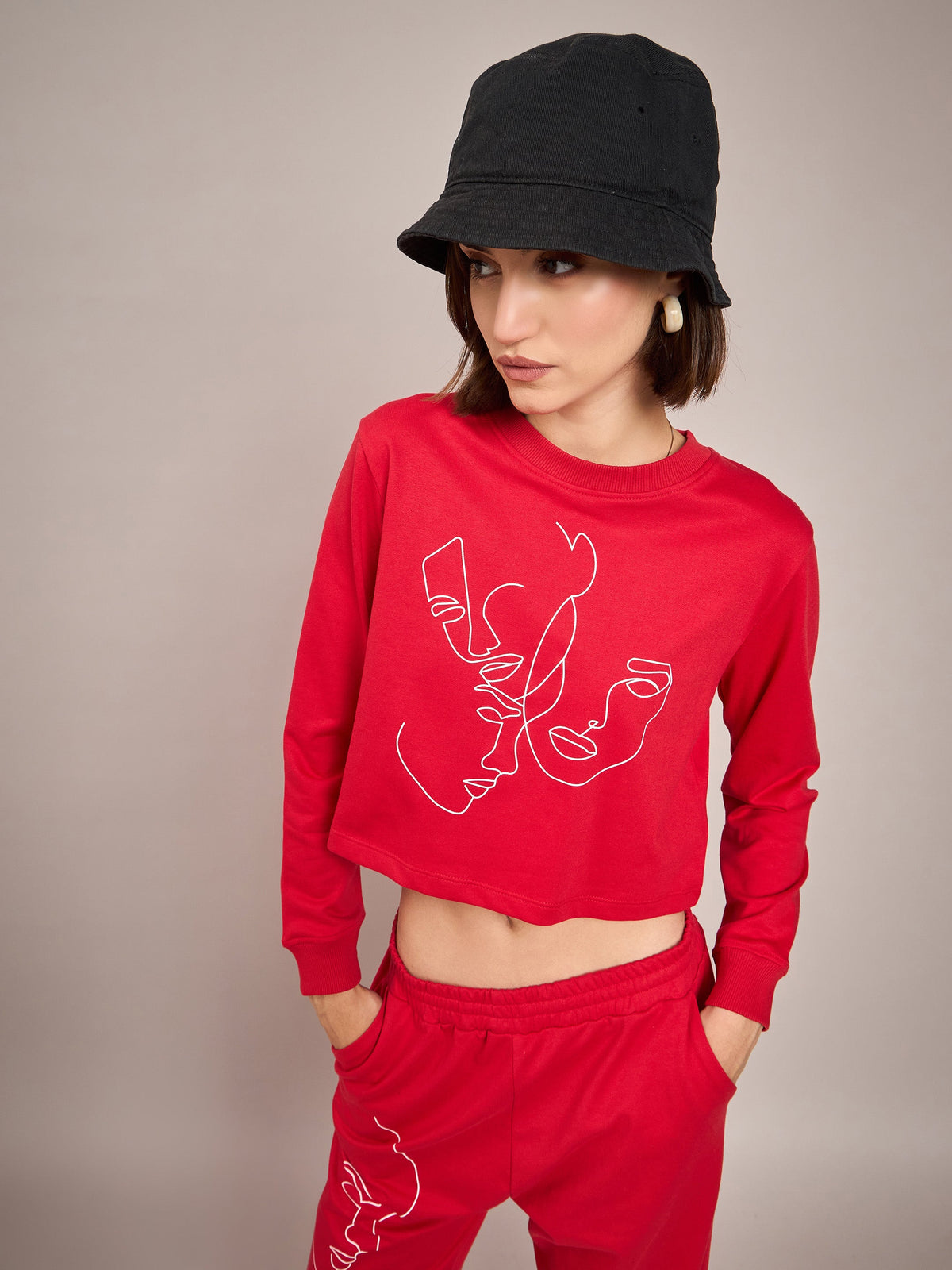 Red Terry Line Art Crop Sweatshirt-SASSAFRAS