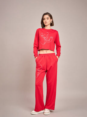 Red Terry Line Art Crop Sweatshirt-SASSAFRAS