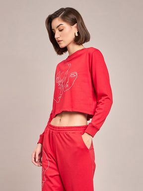 Red Terry Line Art Crop Sweatshirt-SASSAFRAS