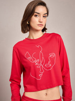 Red Terry Line Art Crop Sweatshirt-SASSAFRAS