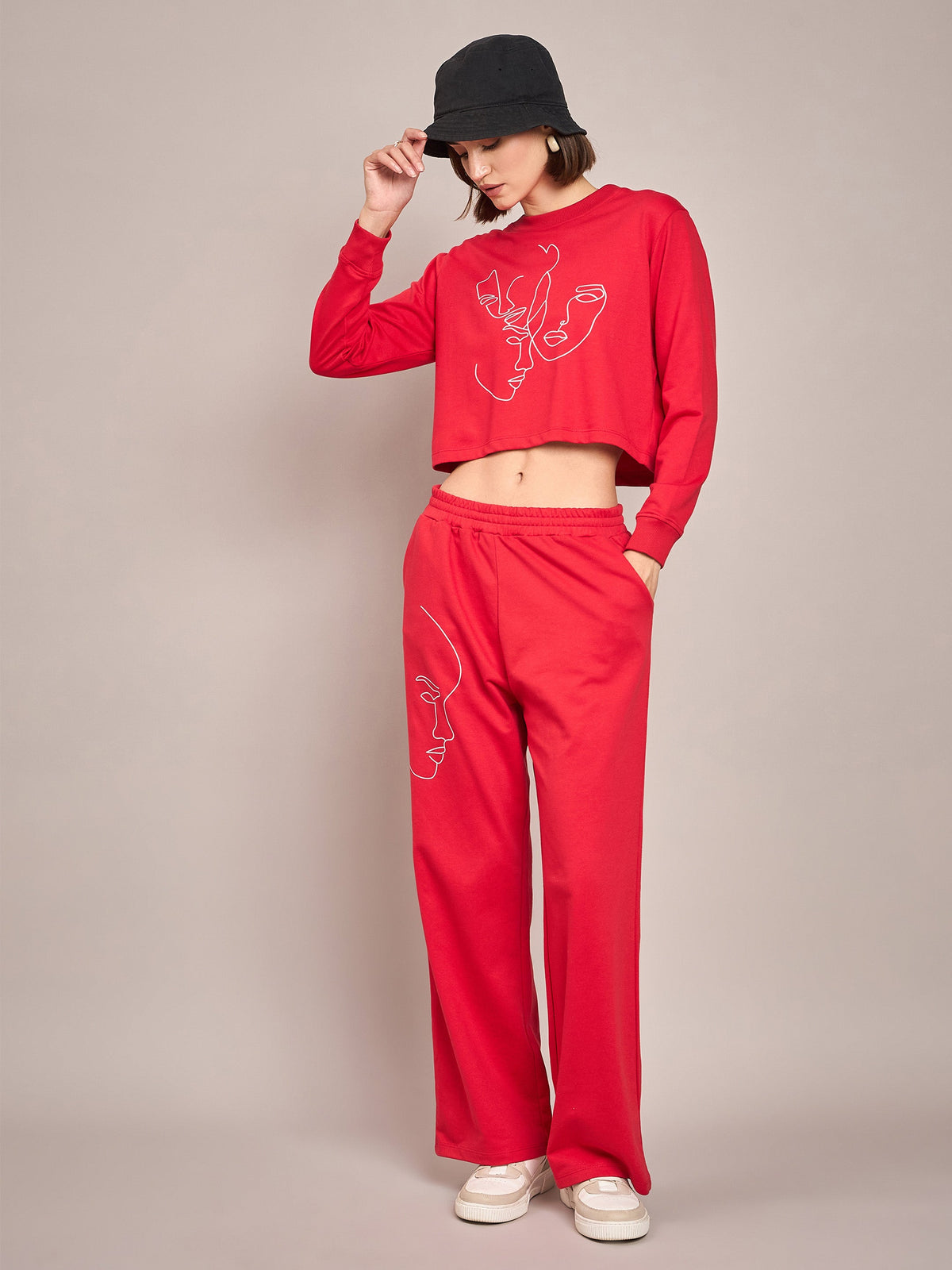 Red Terry Crop Sweatshirt With Track Pant-SASSAFRAS