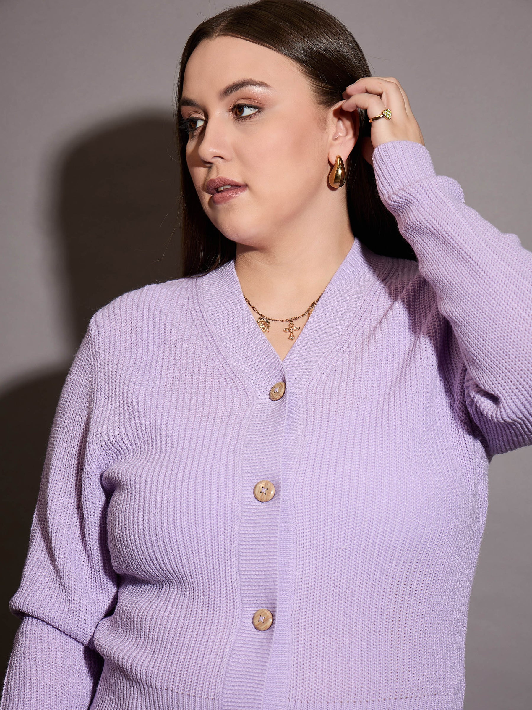 Curve Lavender Front Button Cardigan-SASSAFRAS Curve