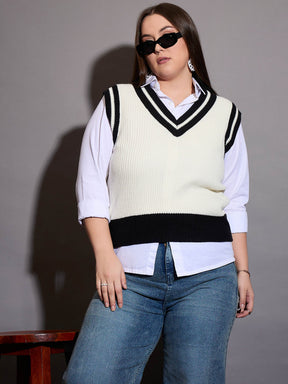 Curve Black & White Striped V-Neck Sweater Vest-SASSAFRAS Curve