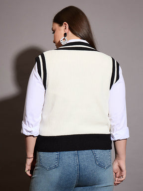 Curve Black & White Striped V-Neck Sweater Vest-SASSAFRAS Curve