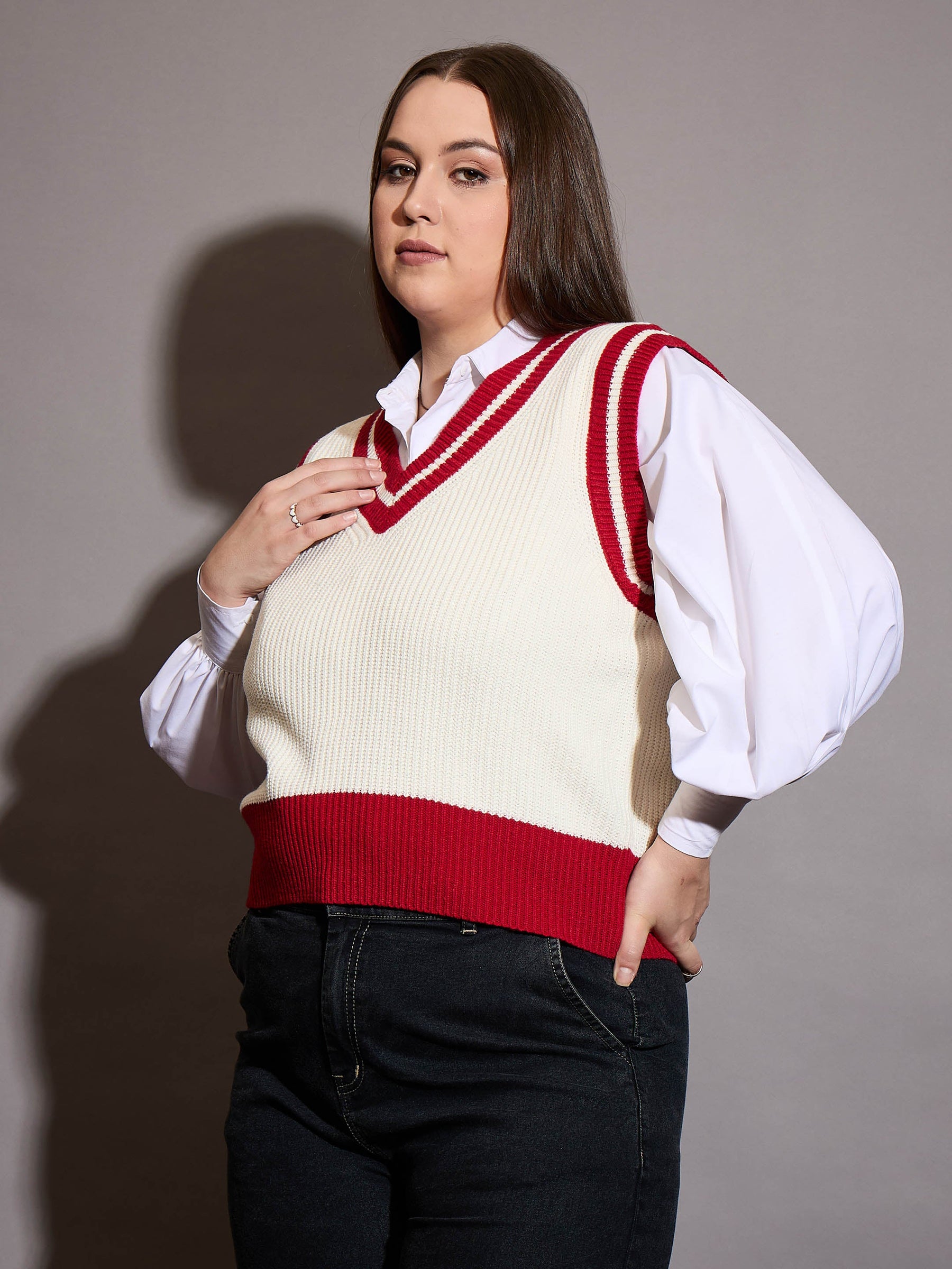 Curve Red & White Striped V-Neck Sweater Vest-SASSAFRAS Curve