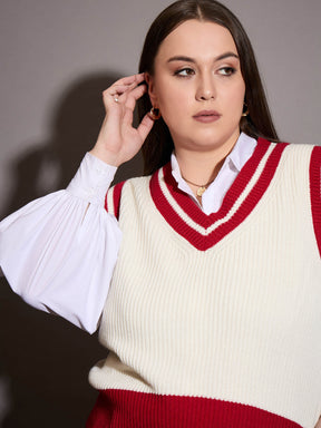 Curve Red & White Striped V-Neck Sweater Vest-SASSAFRAS Curve