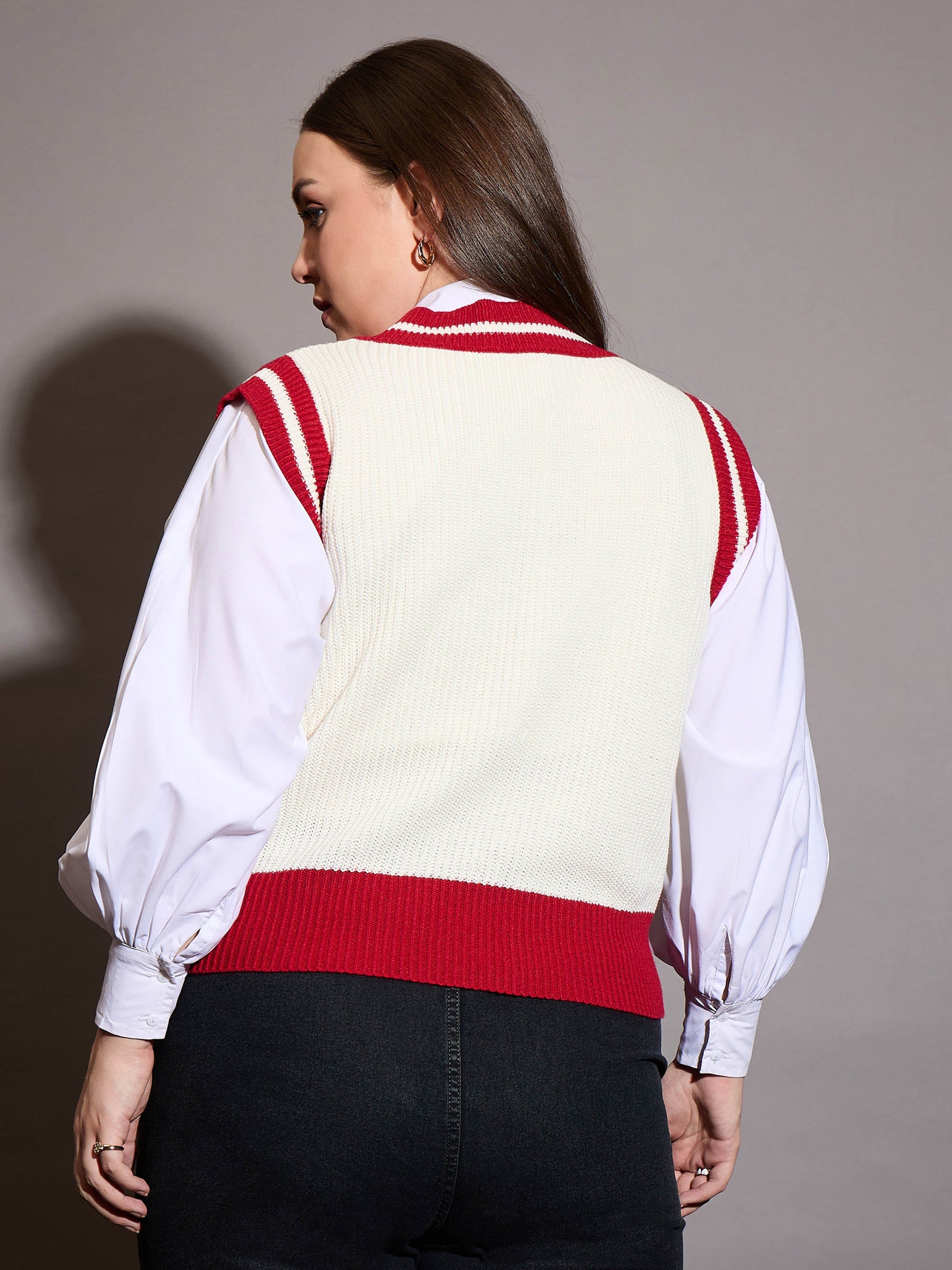 Curve Red & White Striped V-Neck Sweater Vest-SASSAFRAS Curve