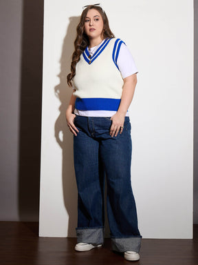 Curve Royal Blue & White Striped V-Neck Sweater Vest-SASSAFRAS Curve