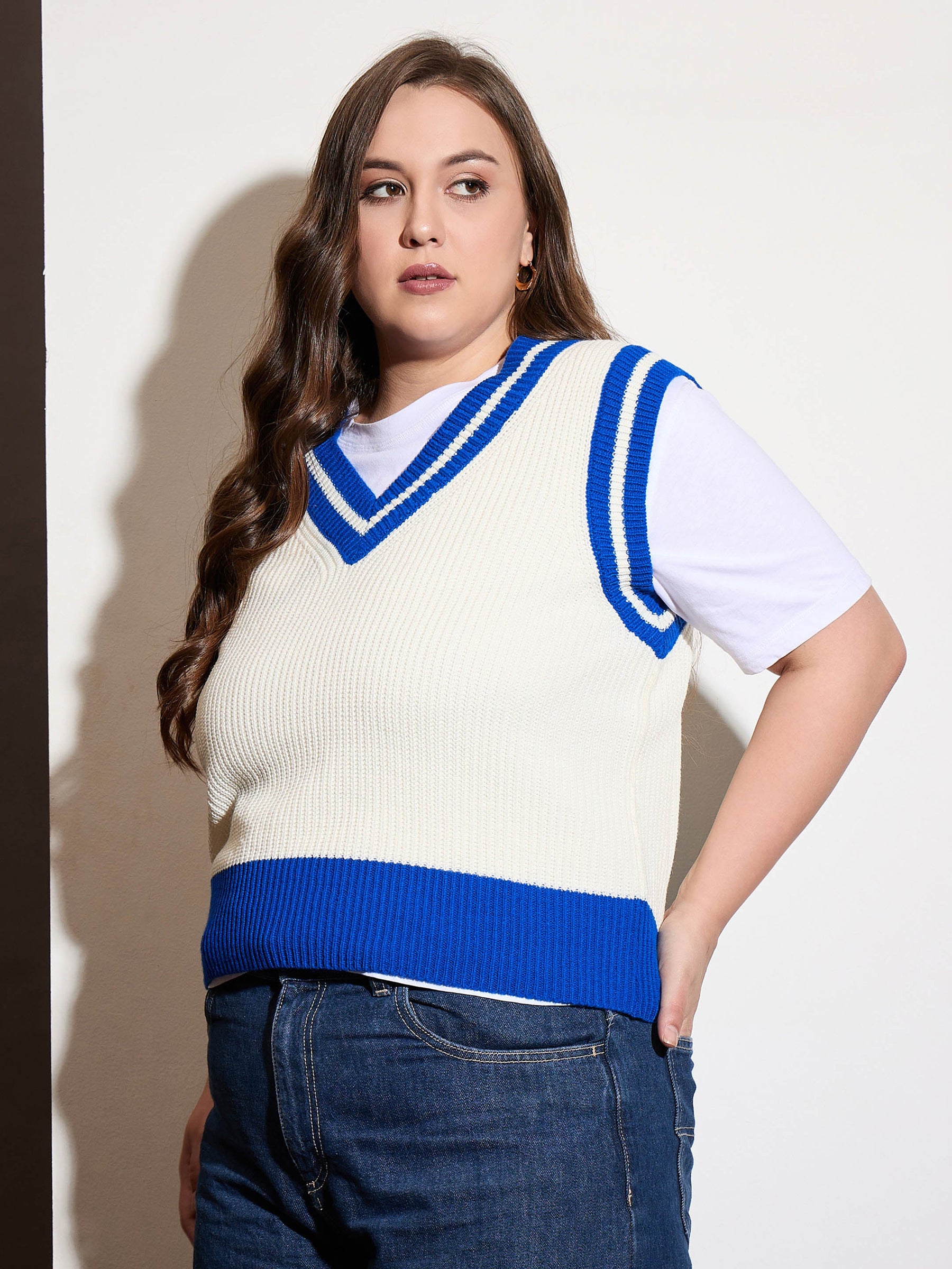 Curve Royal Blue & White Striped V-Neck Sweater Vest-SASSAFRAS Curve