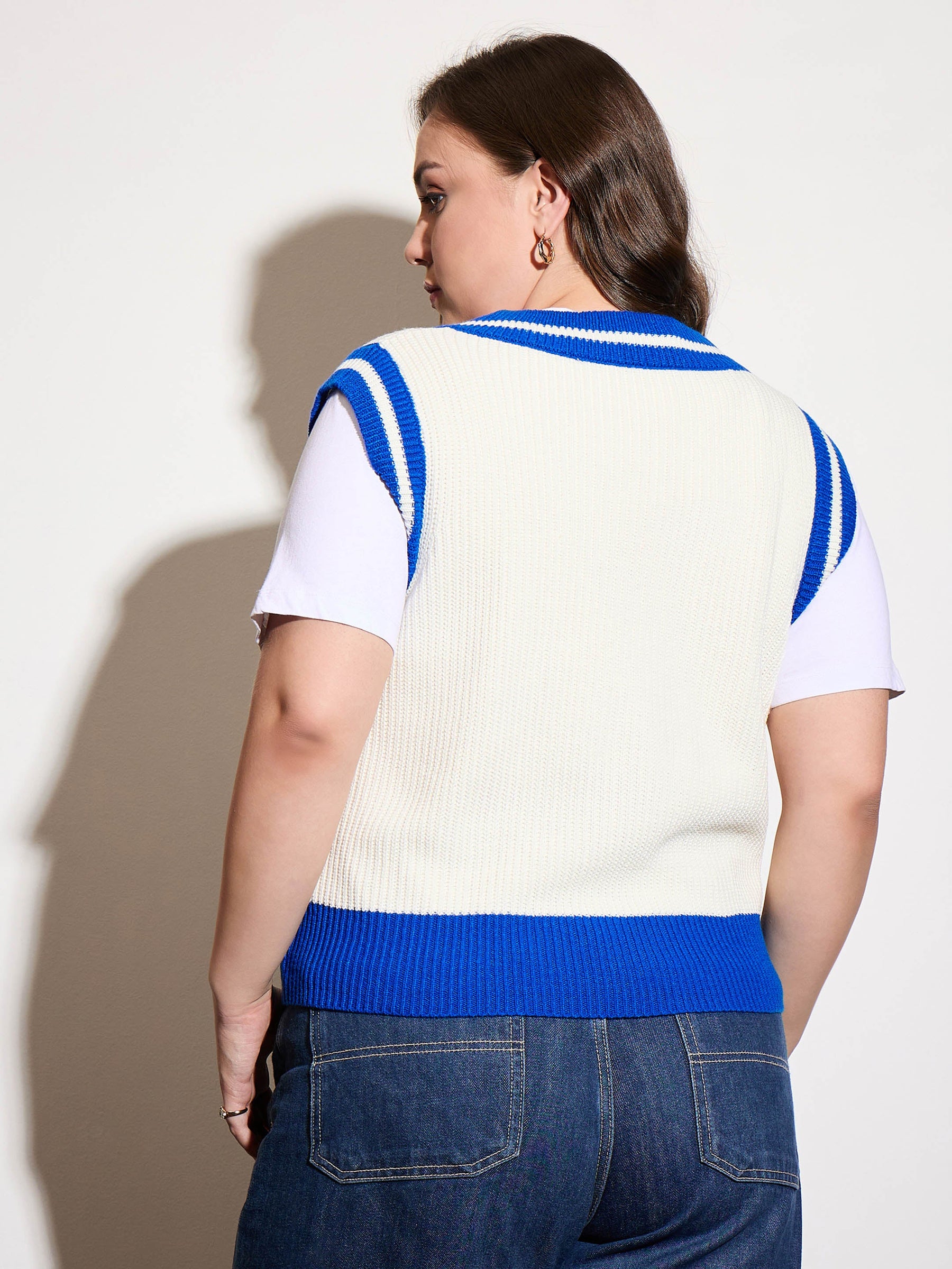 Curve Royal Blue & White Striped V-Neck Sweater Vest-SASSAFRAS Curve