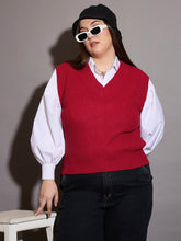 Curve Red Solid V-Neck Sweater Vest-SASSAFRAS Curve