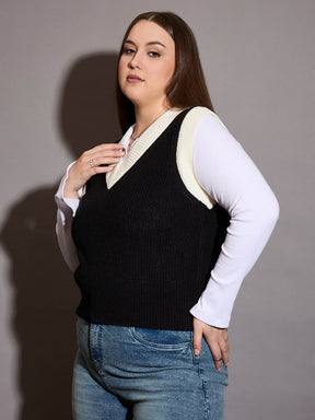 Curve Black & White Solid V-Neck Sweater Vest-SASSAFRAS Curve