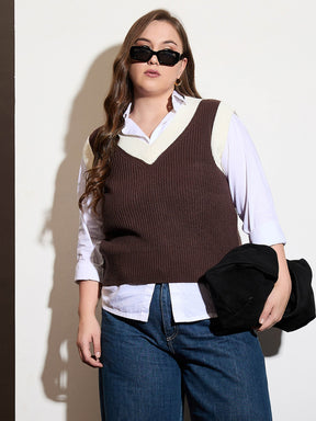 Curve Brown & White Solid V-Neck Sweater Vest-SASSAFRAS Curve