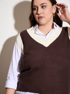 Curve Brown & White Solid V-Neck Sweater Vest-SASSAFRAS Curve