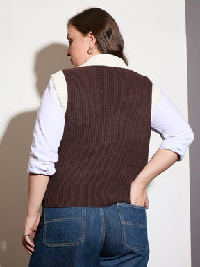 Curve Brown & White Solid V-Neck Sweater Vest-SASSAFRAS Curve