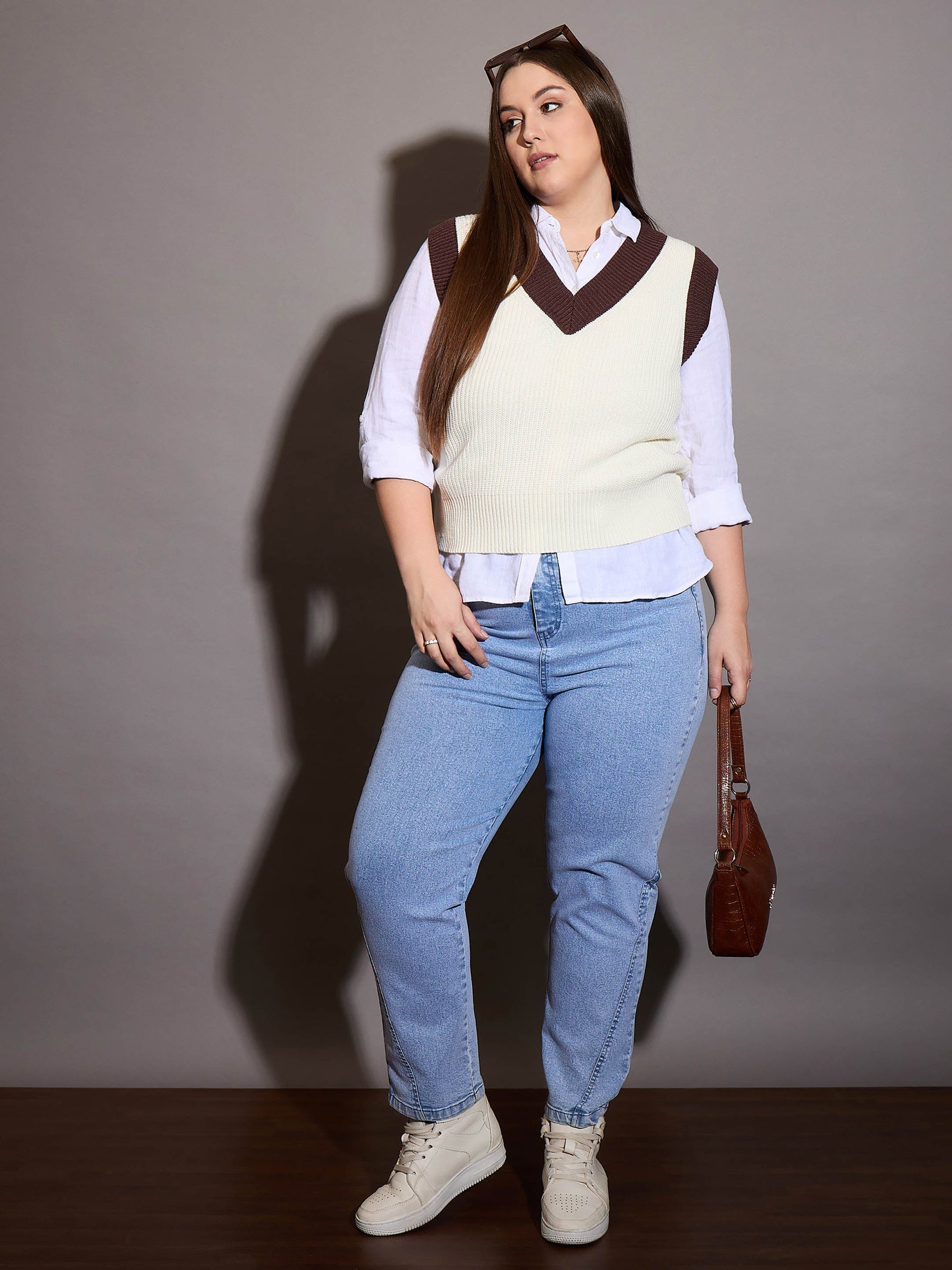 Curve White & Brown Solid V-Neck Sweater Vest-SASSAFRAS Curve