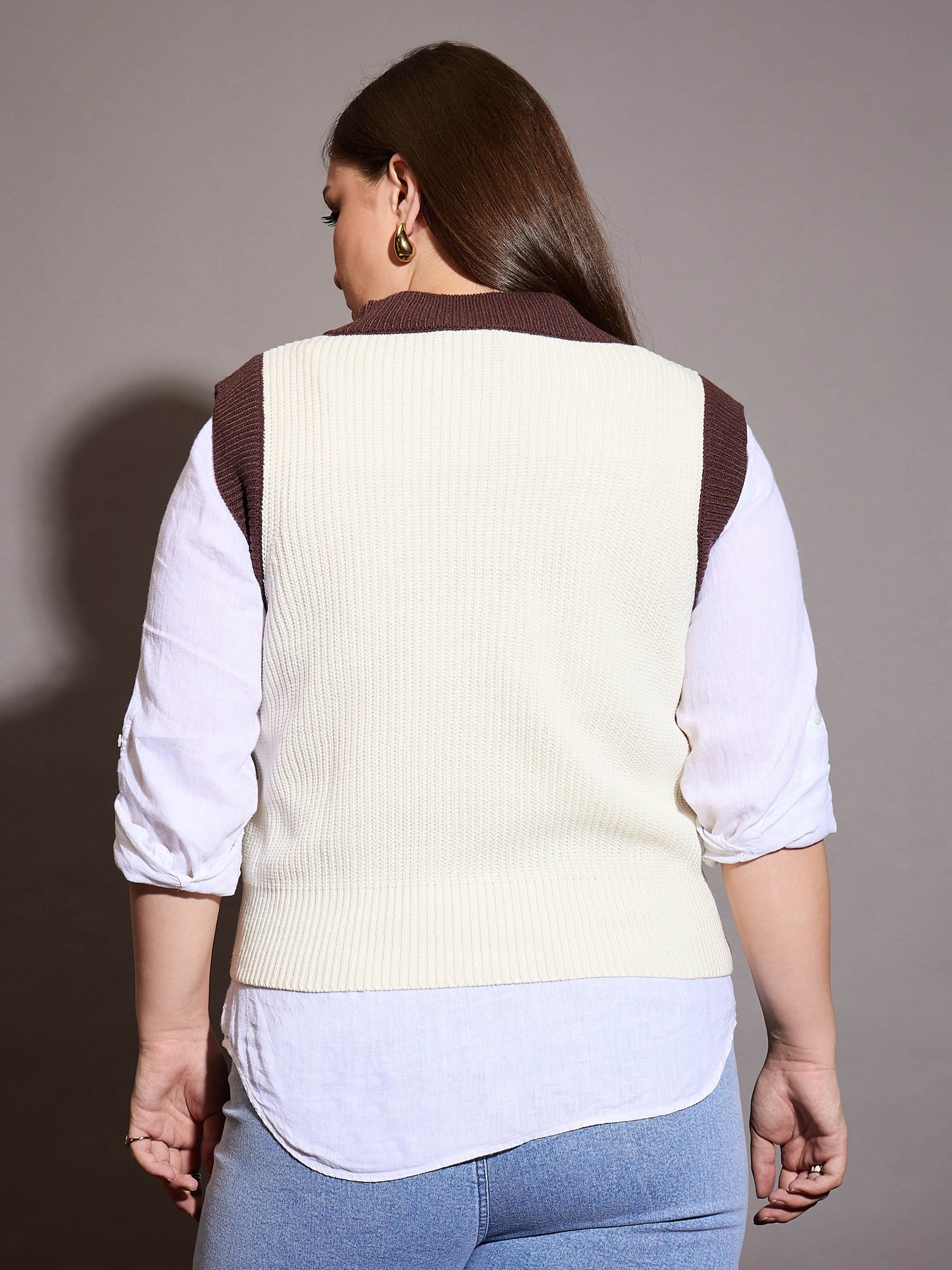 Curve White & Brown Solid V-Neck Sweater Vest-SASSAFRAS Curve