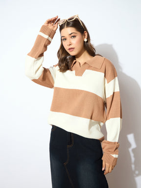 Beige And White Polo Neck Sweater -SASSAFRAS