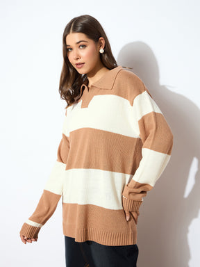 Beige And White Polo Neck Sweater -SASSAFRAS