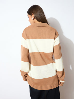 Beige And White Polo Neck Sweater -SASSAFRAS